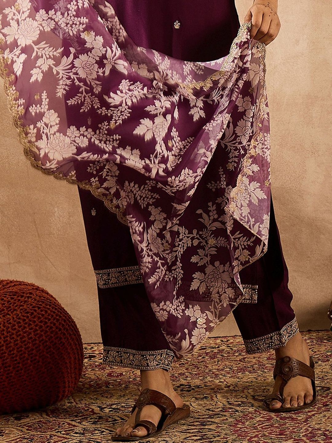 Floral Embroidered Straight Zari Work Kurta With Trousers & Dupatta