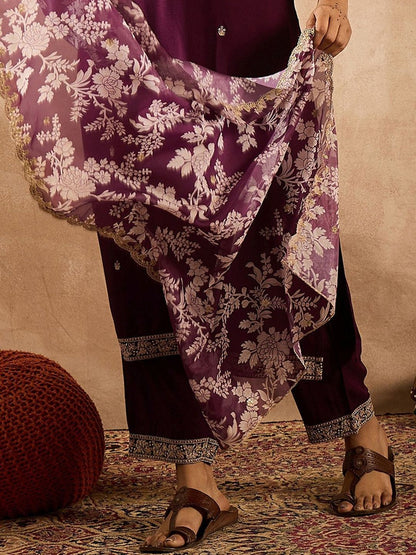 Floral Embroidered Straight Zari Work Kurta With Trousers & Dupatta