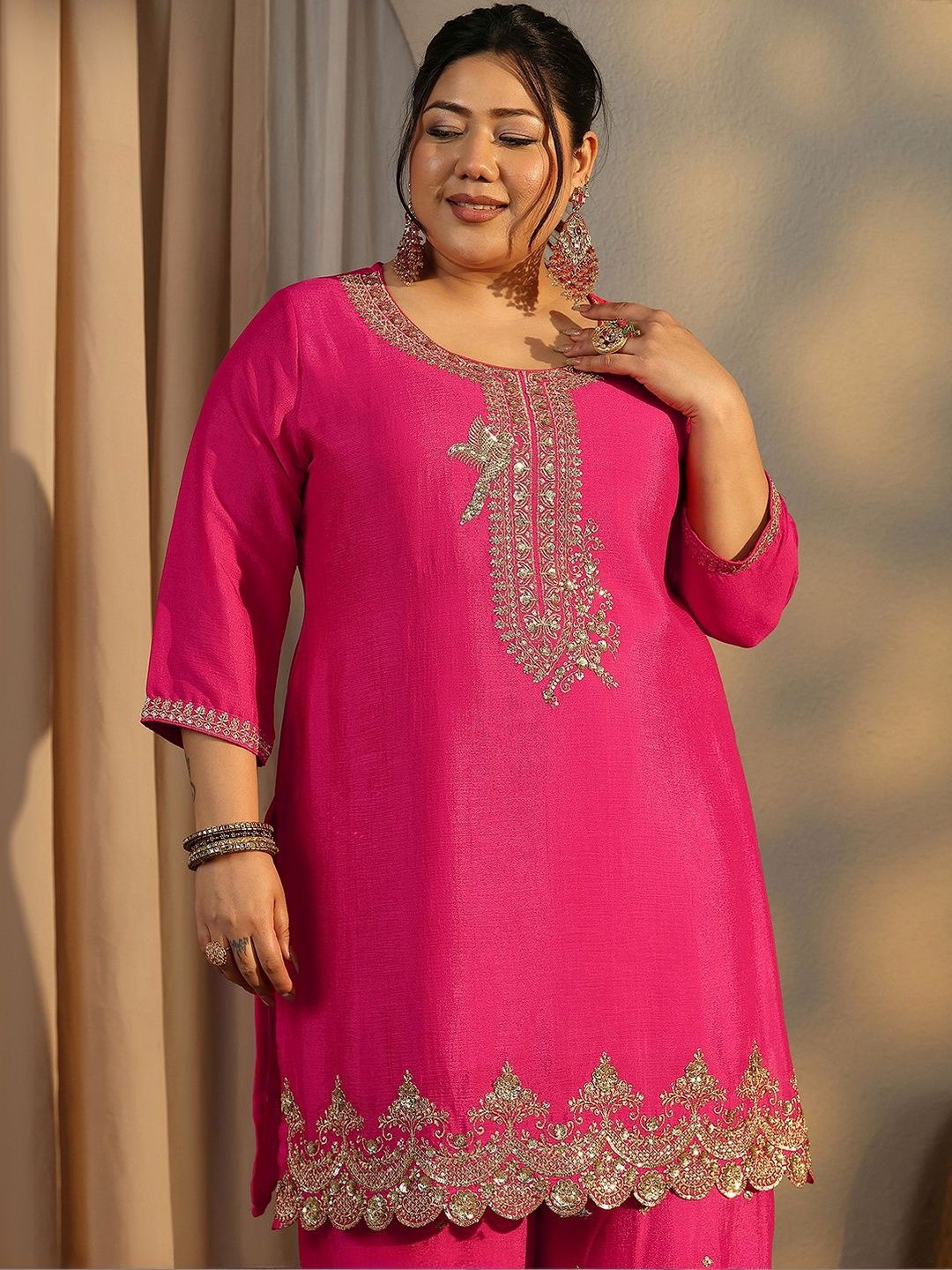 Dhiyona Women's Plus Size Ethnic Motifs Embroidered Kurta with Palazzo & Dupatta