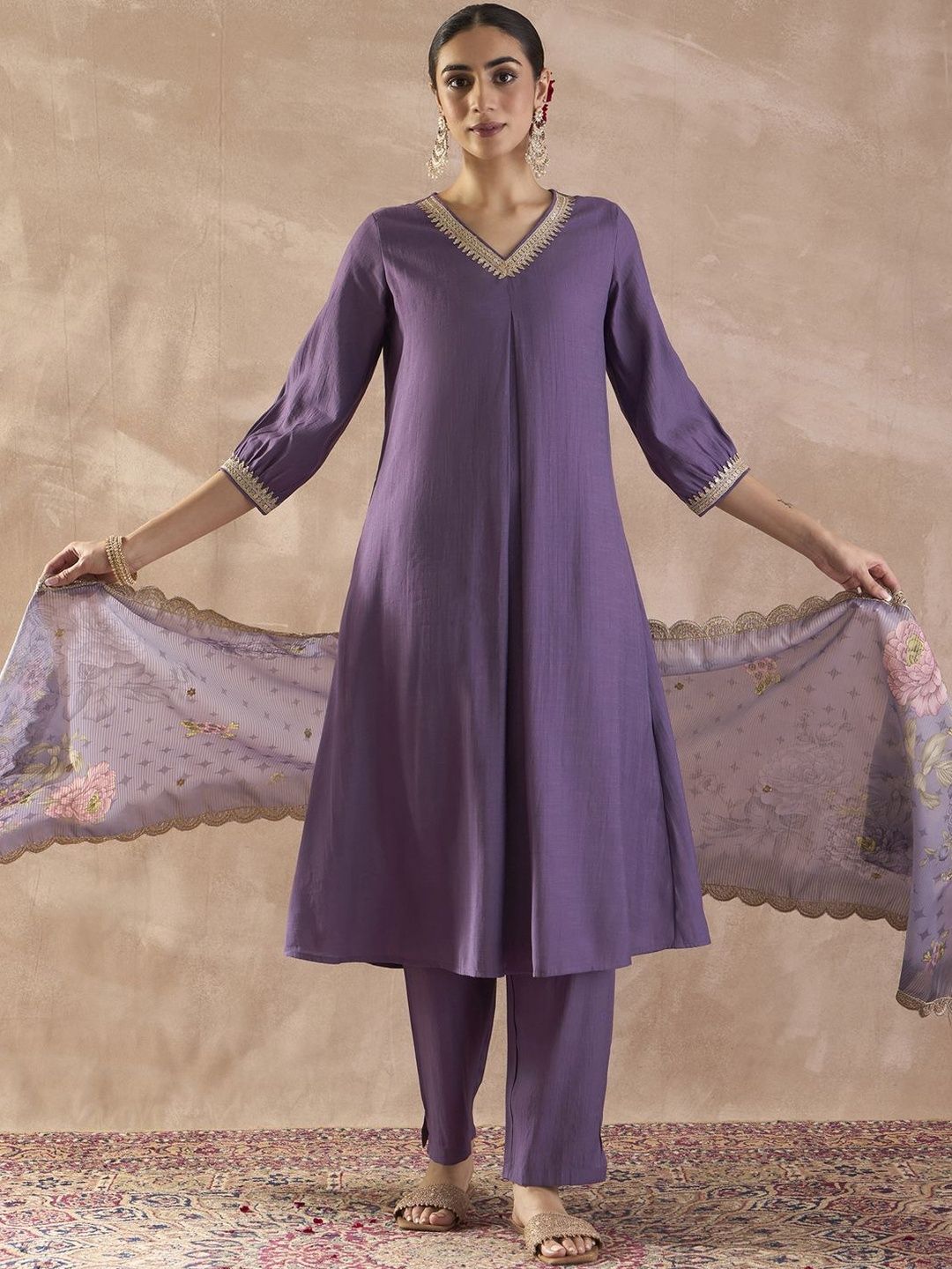 Sequinned A-Line Kurta With Trousers & Dupatta