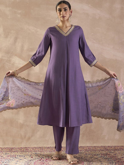 Sequinned A-Line Kurta With Trousers & Dupatta