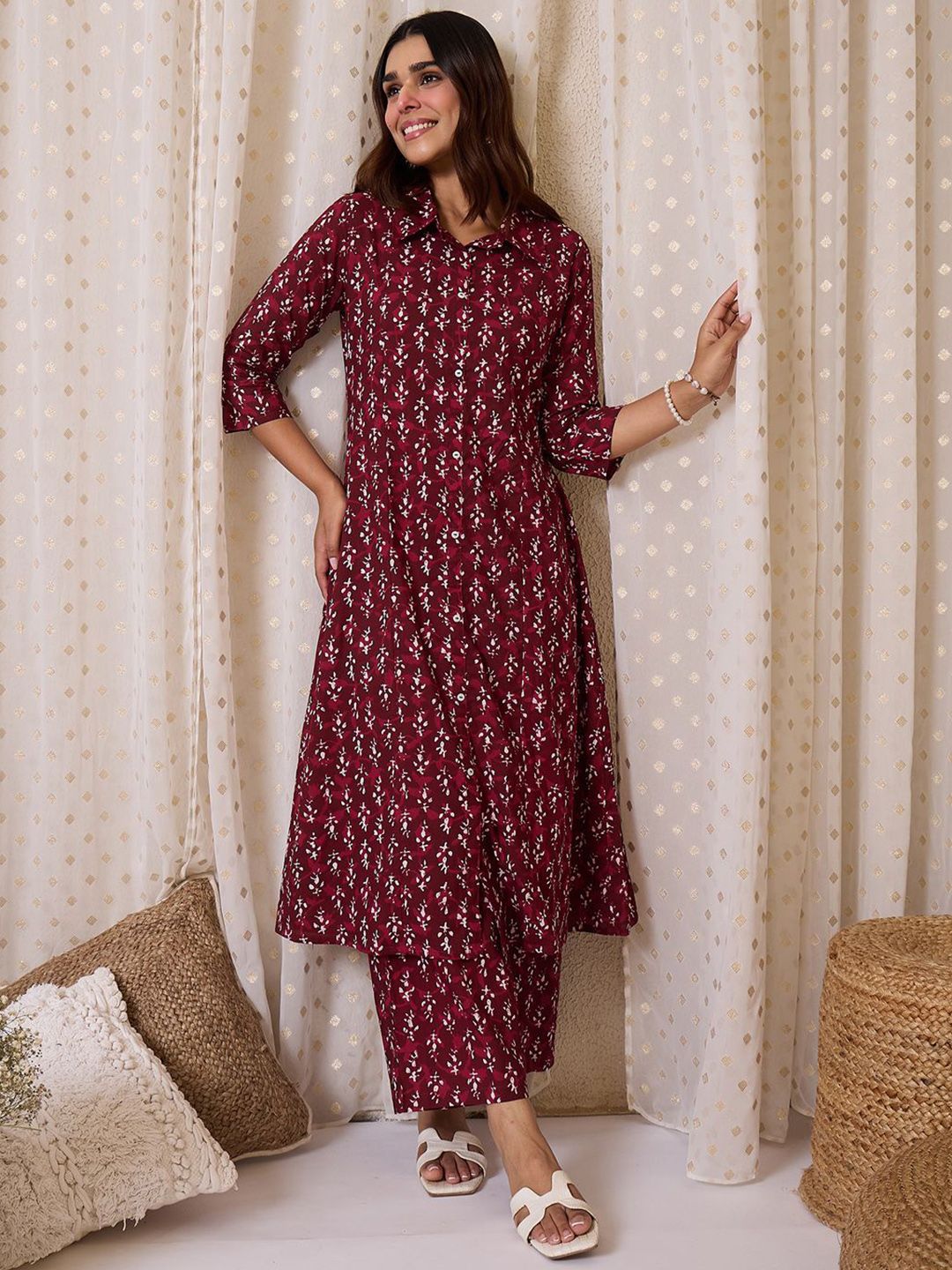 Dhiyona IE Printed Pure Cotton Shirt Collar Neck Tunic With Trousers