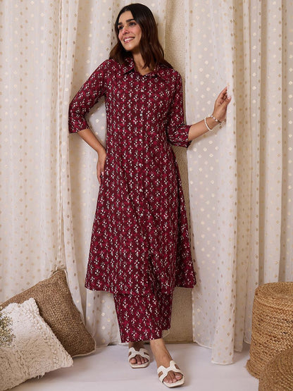Dhiyona IE Printed Pure Cotton Shirt Collar Neck Tunic With Trousers