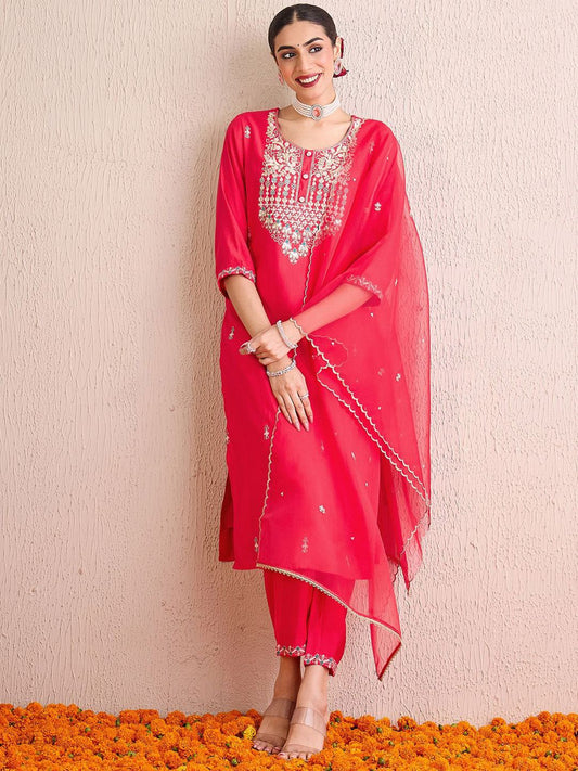 Women Embroidered Regular Sequinned Kurta with Trousers & With Dupatta