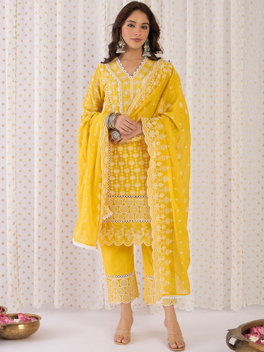 Women Ethnic Motifs Embroidered Cotton Kurta with Trousers & Dupatta