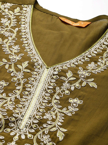 Floral Embroidered Sequinned Kurta With Trousers & Dupatta