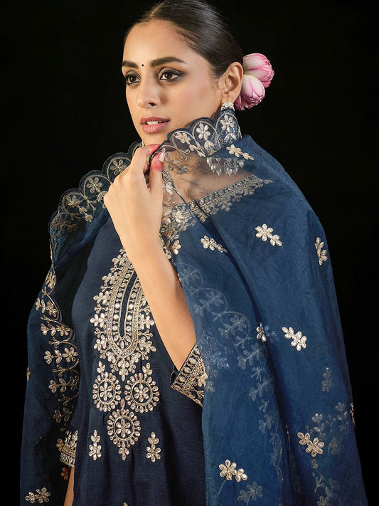 Dhiyona IE Notched Neck Ethnic Motifs Embroidered Gotta Patti Kurta with Trouser & Dupatta
