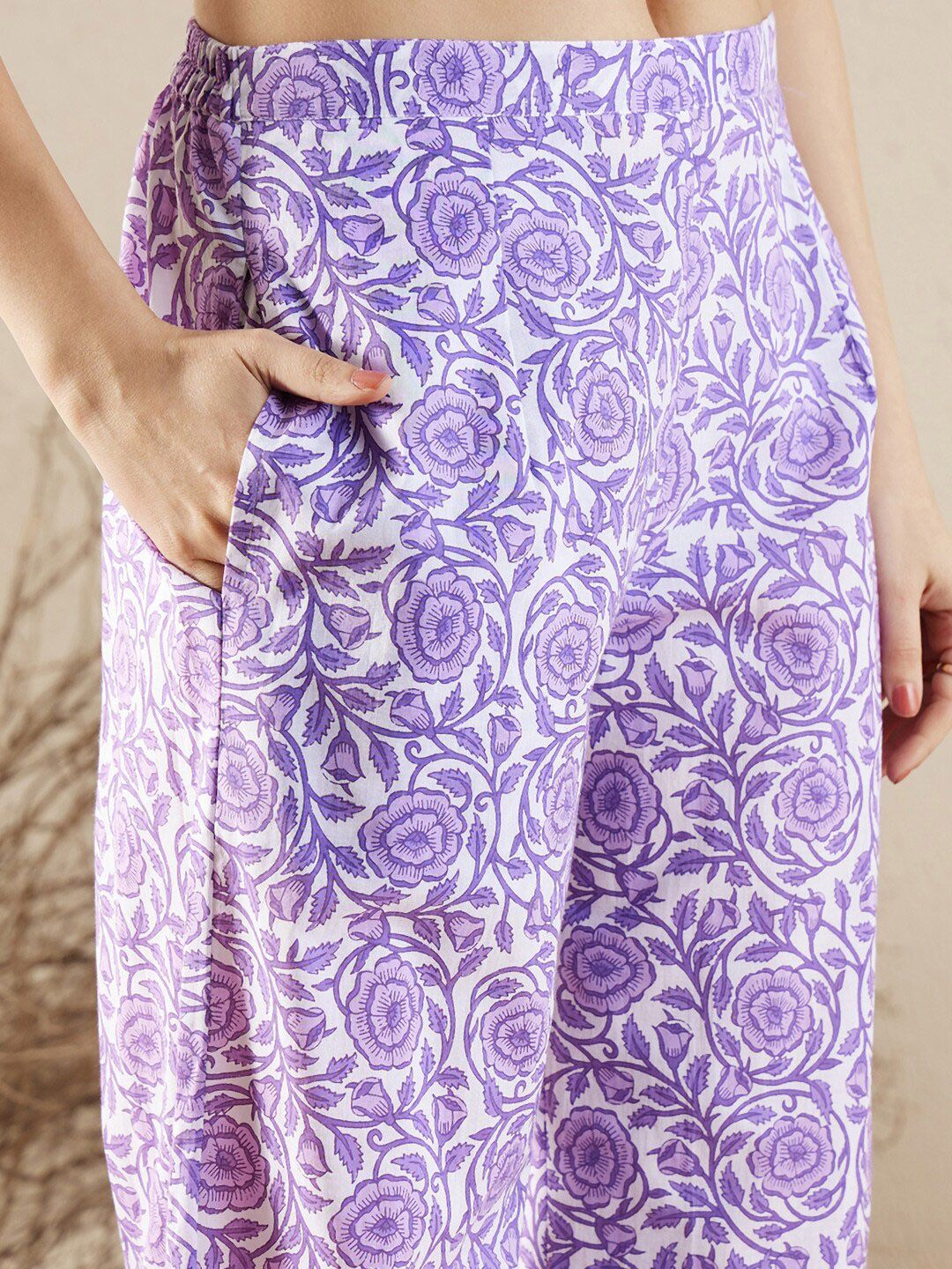 V-Neck Floral Printed Panelled Pure Cotton Kurta Set