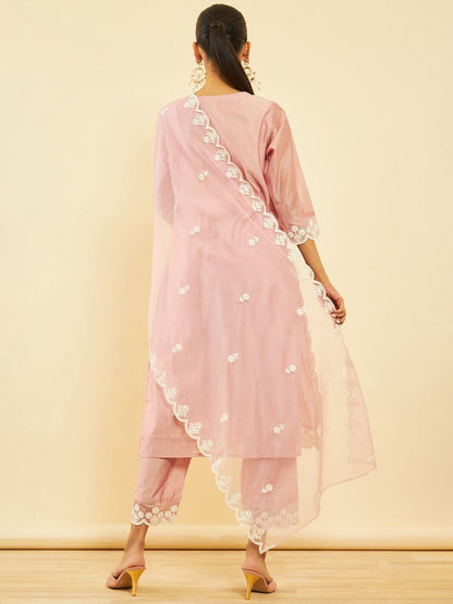 Dhiyona SO Women's Ethnic Motifs Embroidered Regular Chanderi Silk Kurta with Trousers & Dupatta
