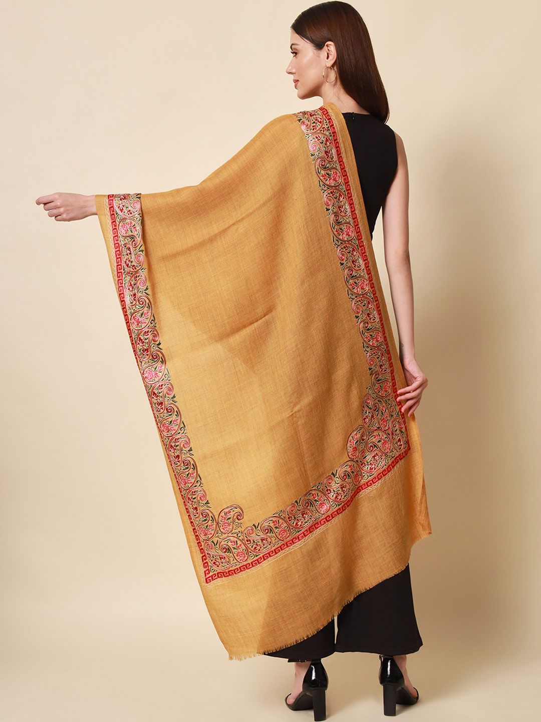 Dhiyona PA Women Yellow & Pink Embroidered Woolen Shawl
