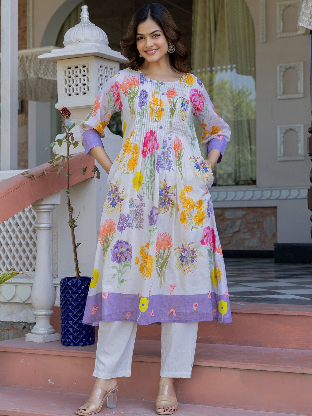Dhiyona IE Printed Pure Cotton A-Line Tunic & Trousers Co-Ord Set