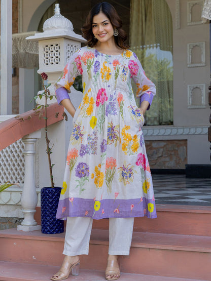 Dhiyona IE Printed Pure Cotton A-Line Tunic & Trousers Co-Ord Set