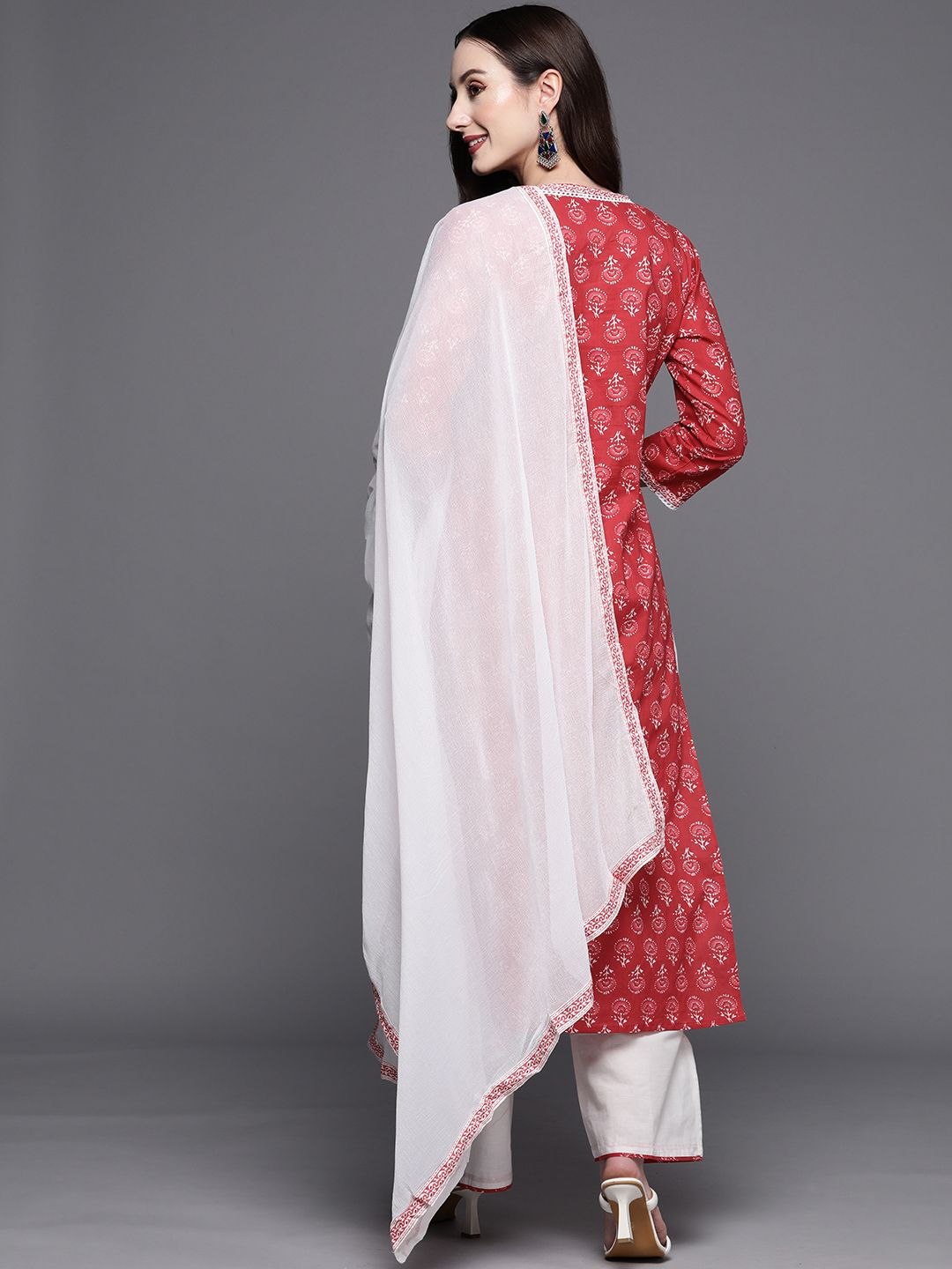 Women Red Floral Printed Kurta with Palazzos & Dupatta