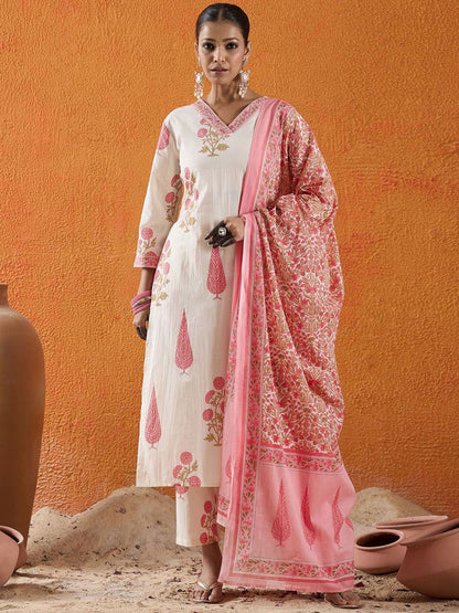 Women Floral Printed Regular Pure Cotton Kurta with Trousers & With Dupatta