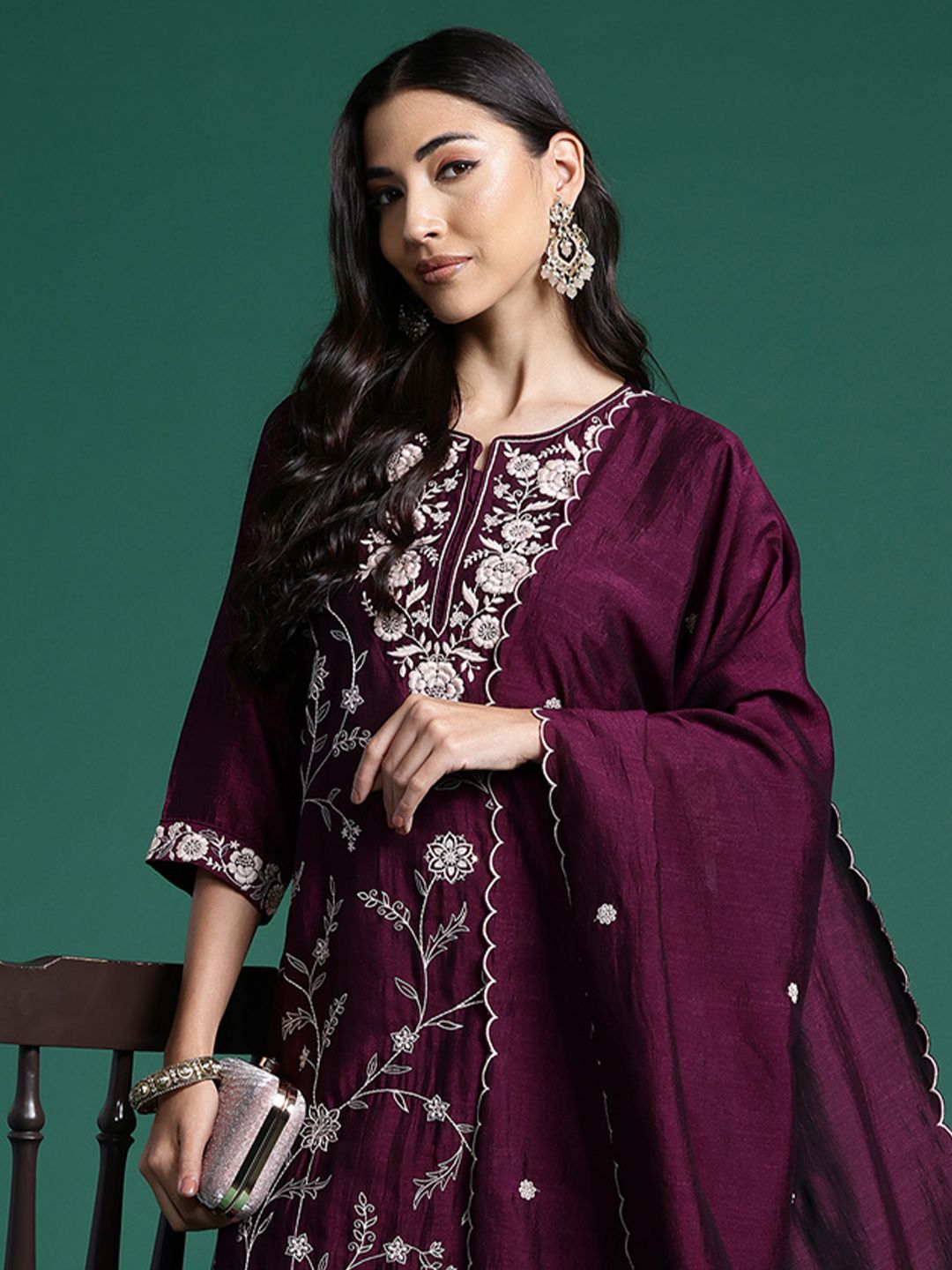 Dhiyona IE Floral Embroidered Sequinned Kurta With Trousers & Dupatta