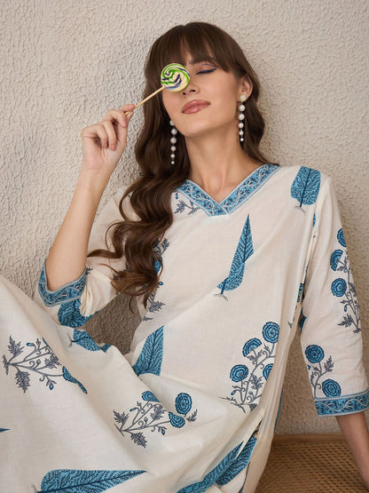 Floral Printed V-Neck Pure Cotton Kurta With Trouser