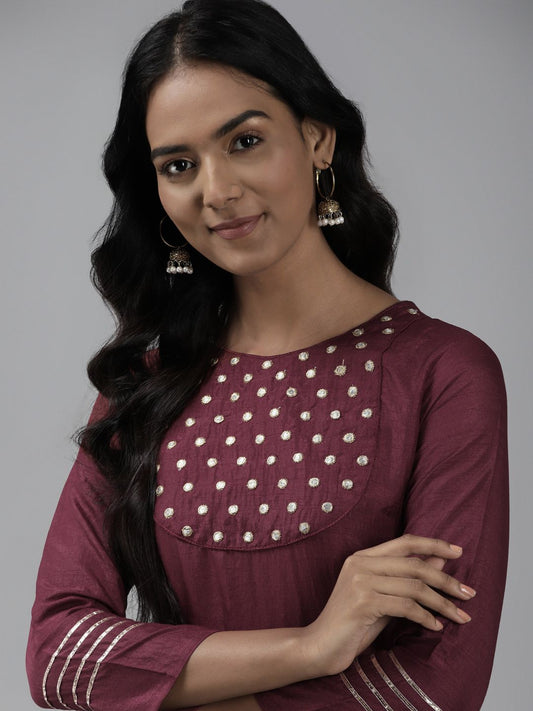 Dhiyona IE Women Maroon Yoke Design Regular Mirror Work Kurta with Palazzos