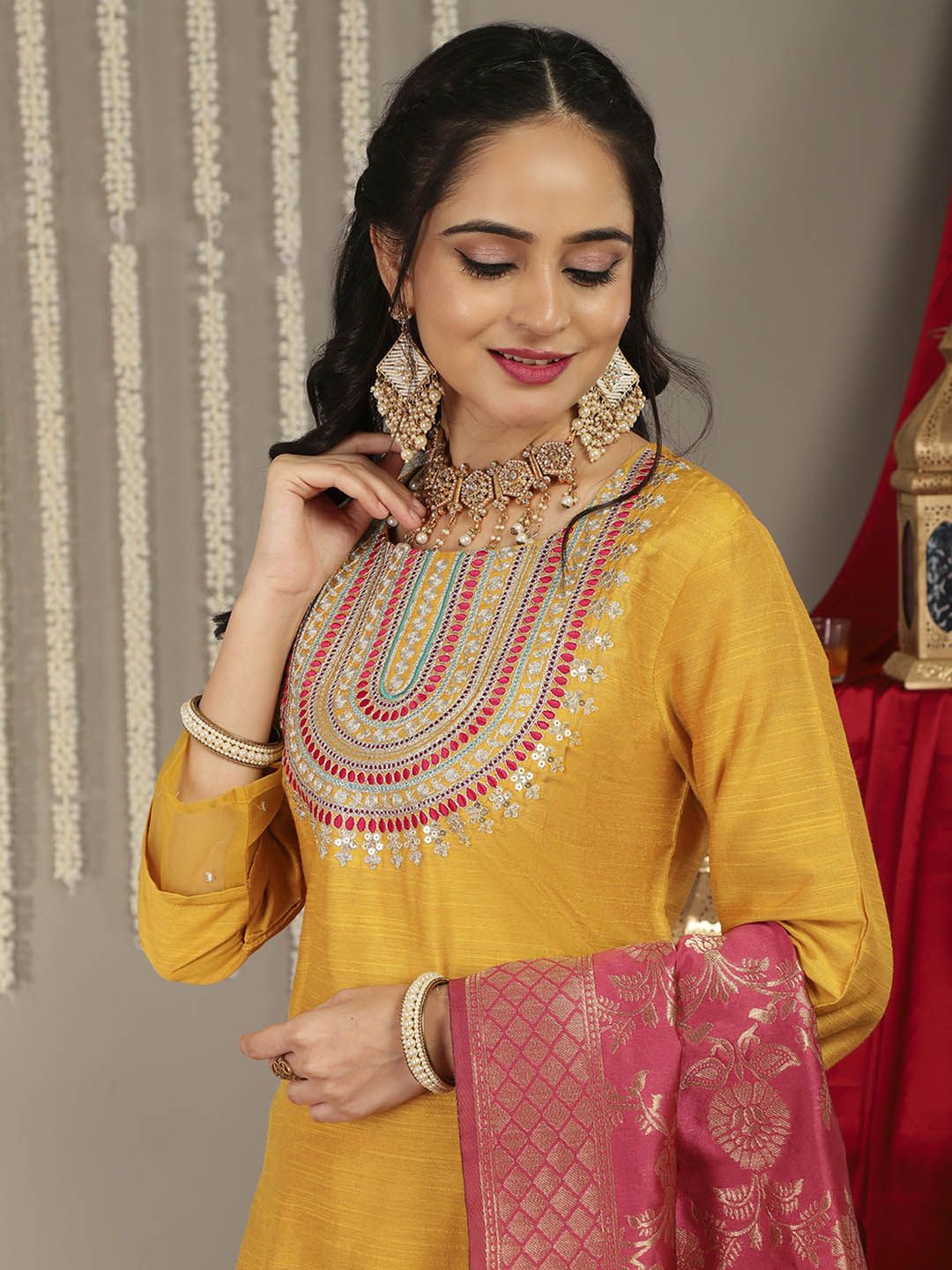 Dhiyona VA Women'sMustard Yellow Ethnic Motifs Embroidered Kurta with Palazzos & With Dupatta