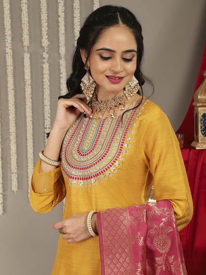 Dhiyona VA Women'sMustard Yellow Ethnic Motifs Embroidered Kurta with Palazzos & With Dupatta