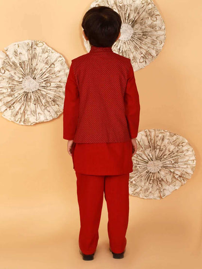 Boys Printed Cotton Kurta Pyjama Jacket Set