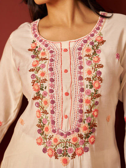 Floral Embroidered Thread Work Kurta With Trousers & Dupatta