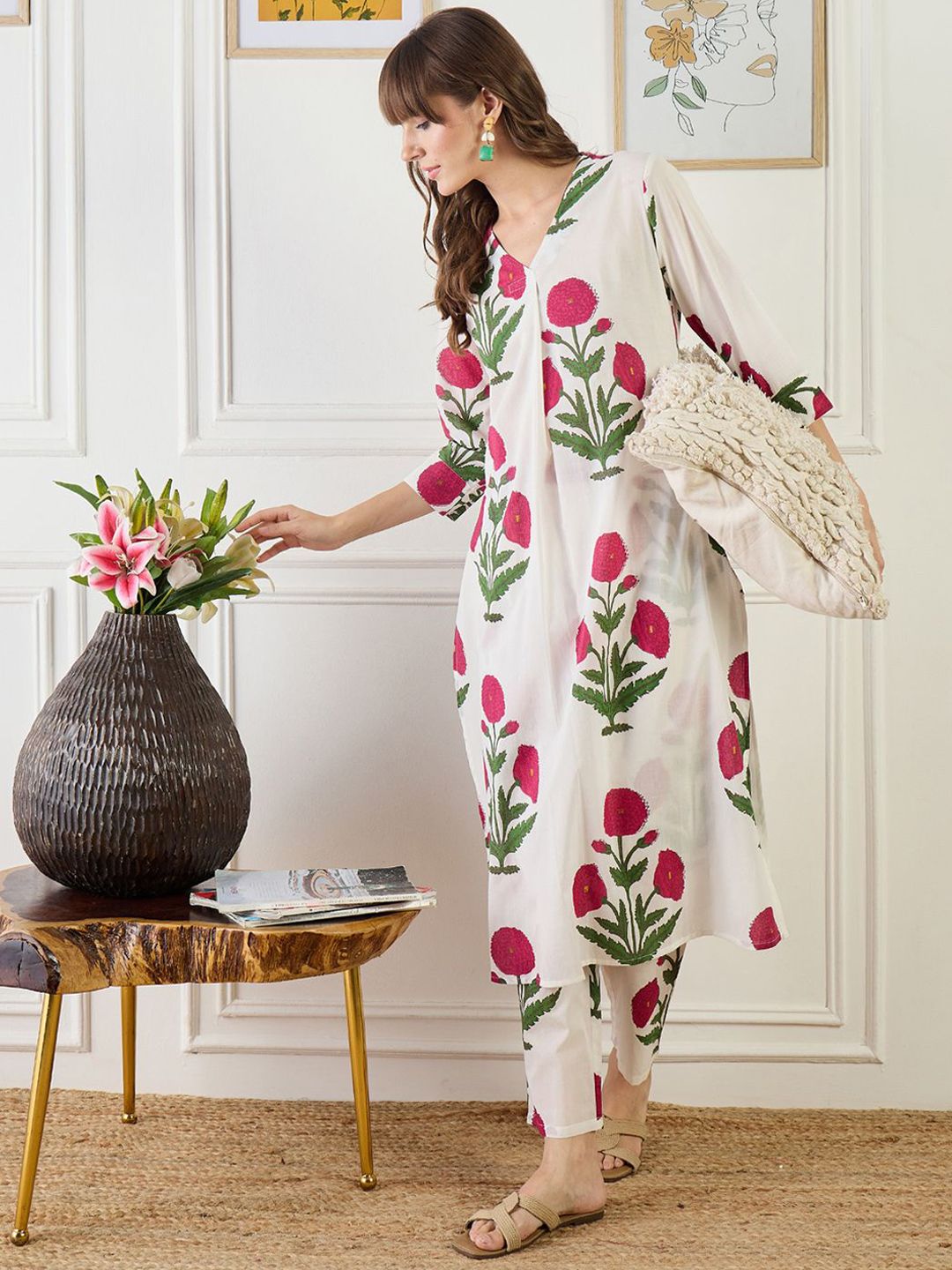 Floral Printed V-Neck Pure Cotton A-Line Kurta With Trouser