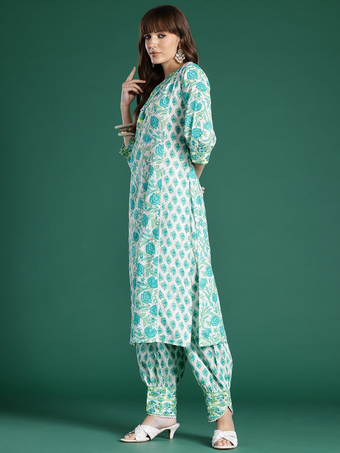 Women Floral Printed Mirror Work Pure Cotton Kurta with Trousers & Dupatta