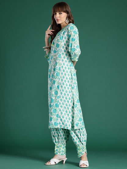 Women Floral Printed Mirror Work Pure Cotton Kurta with Trousers & Dupatta