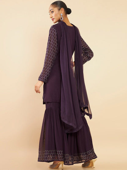 Dhiyona SO Women's Women Purple Floral Embroidered Beads and Stones Kurta with Sharara & With Dupatta