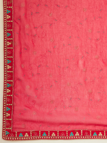 Dhiyona SO Women's Alina Cut Fuchsia Ethnic Motifs Embroidered Pleated Sequinned Kurta With Trousers & Dupatta