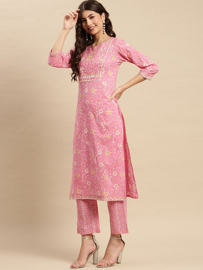 Dhiyona SN Women's Floral Printed Pure-Cotton Straight Kurta With Trouser & Dupatta