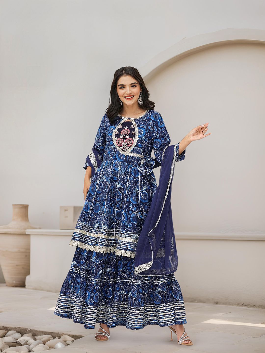 Dhiyona IS Women's Floral Printed A-Line Pure Cotton Gotta Patti Kurta with Sharara & Dupatta