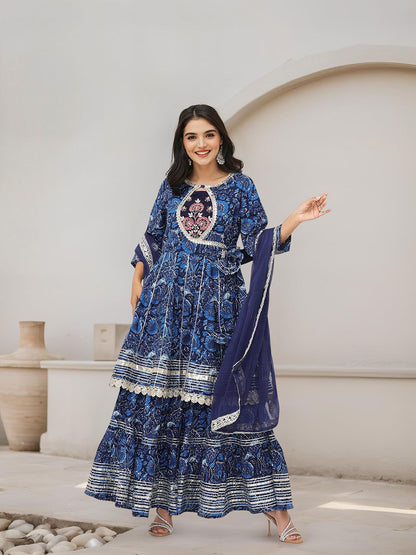 Dhiyona IS Women's Floral Printed A-Line Pure Cotton Gotta Patti Kurta with Sharara & Dupatta