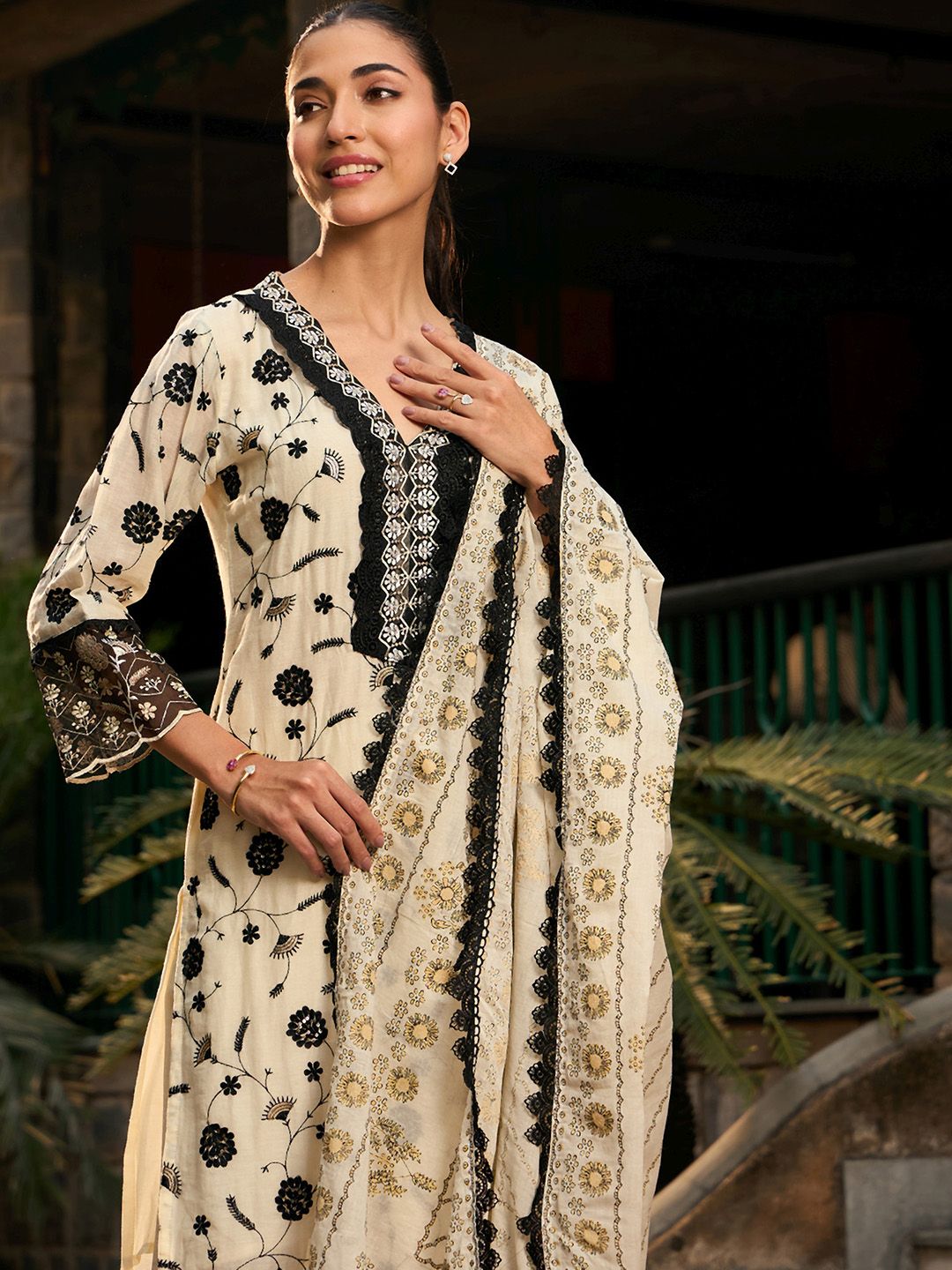 V Neck Floral Embroidered Thread Work Pure Cotton Kurta with Trouser & Dupatta