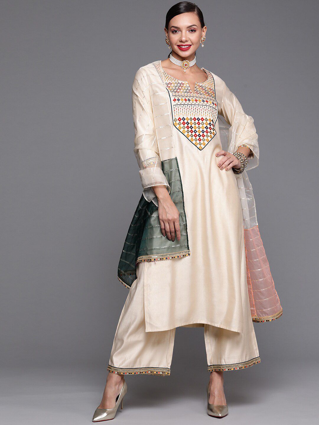Women Embroidered Thread Work Cotton Kurta with Palazzos & Dupatta