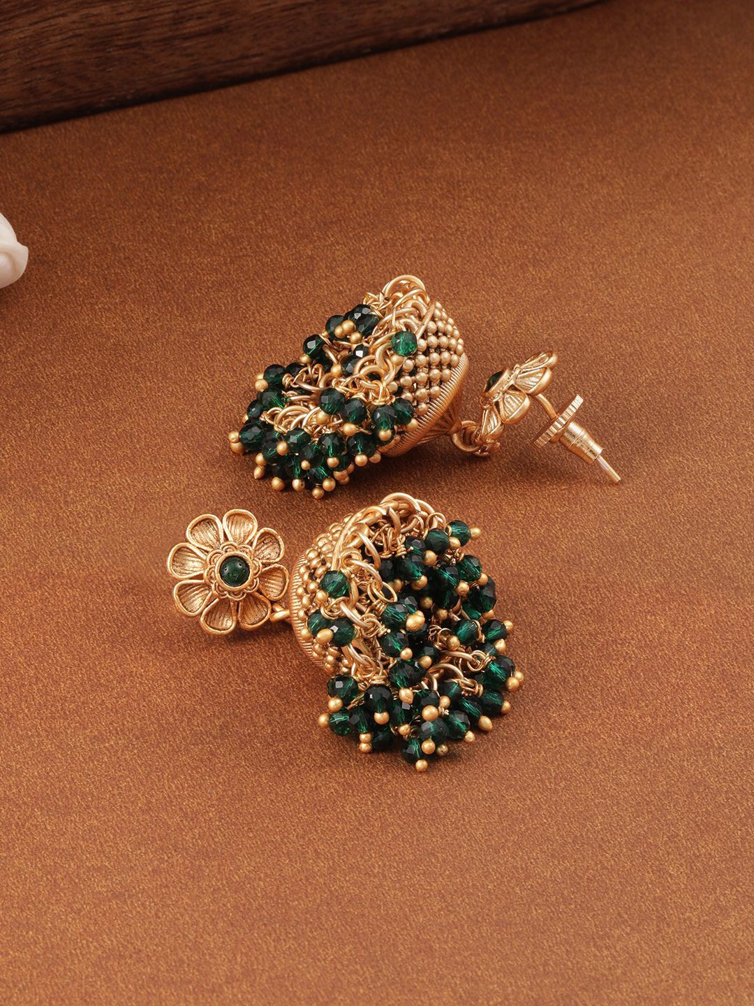 Dhiyona RJ Women's 18K Gold Plated Green Beaded Floral Motif Jhumka Earrings