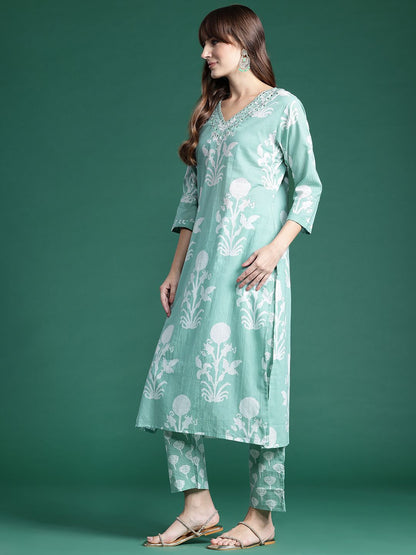 Dhiyona IE Floral Printed Mirror Work Pure Cotton Kurta With Trousers & Dupatta