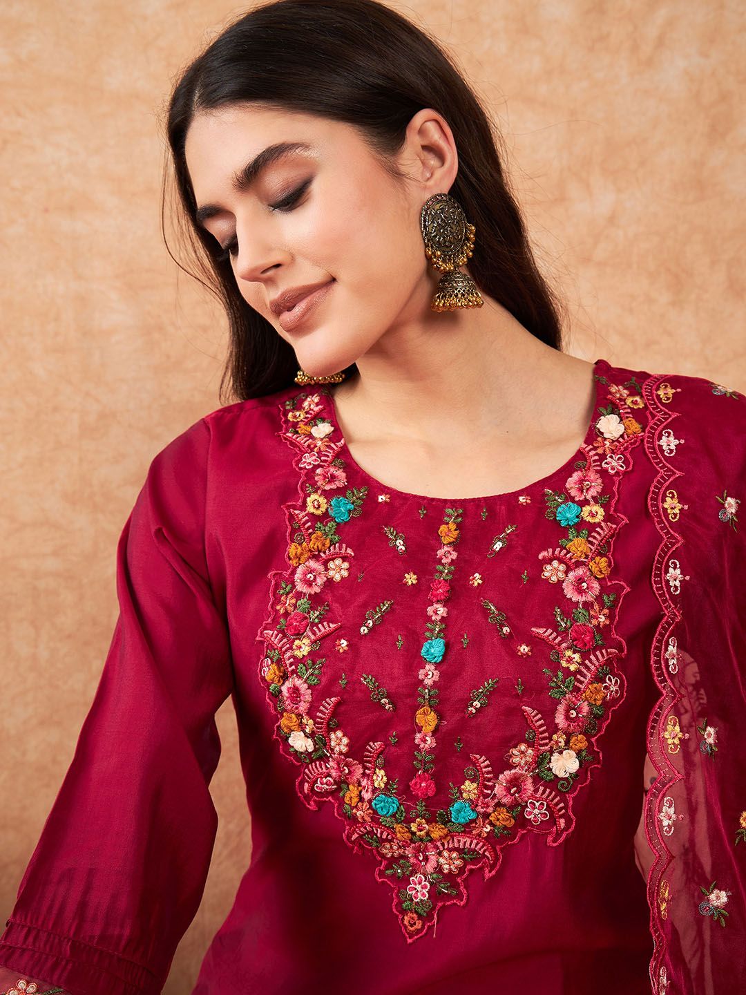 Dhiyona IE Embroidered A-Line Kurta With Trousers & Dupatta