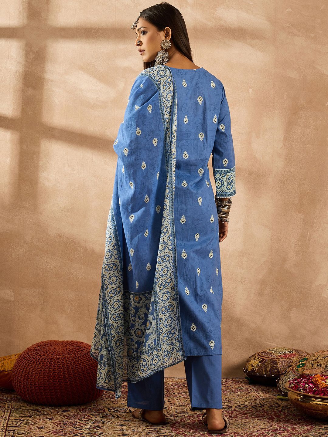 Dhiyona IE Women Ethnic Motifs Embroidered Regular Thread Work Pure Cotton Kurta with Trousers & With Dupatta