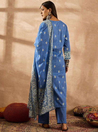 Dhiyona IE Women Ethnic Motifs Embroidered Regular Thread Work Pure Cotton Kurta with Trousers & With Dupatta