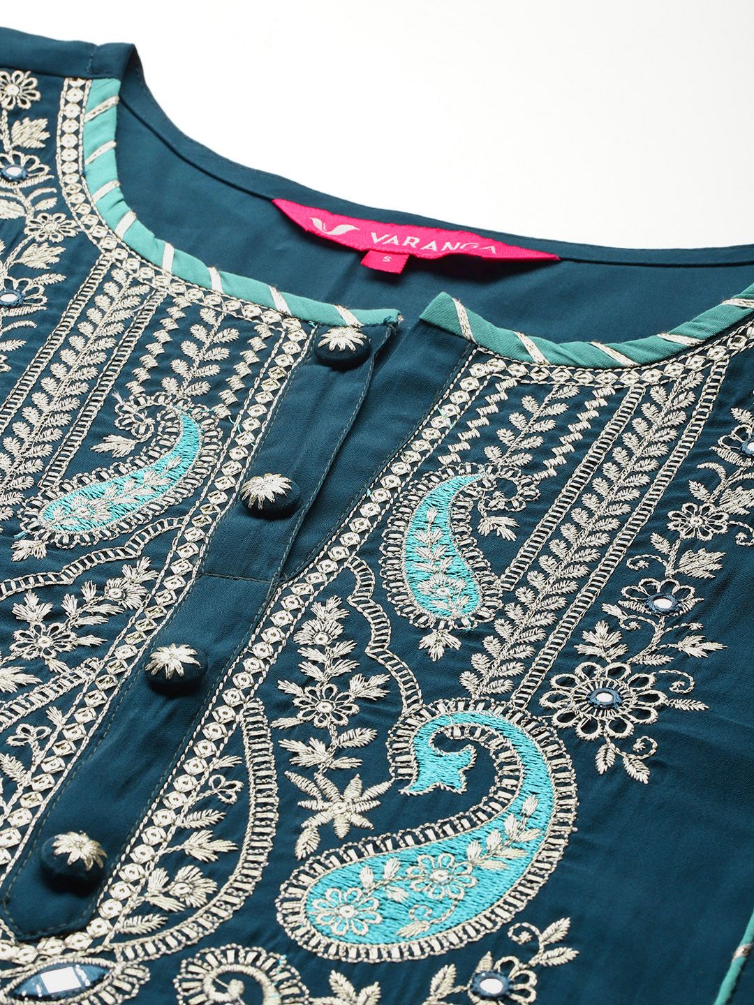 Dhiyona VA Women'sPaisley Embroidered Zari Panelled Kurta With Trousers & Dupatta