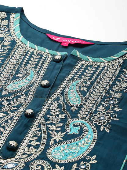 Dhiyona VA Women'sPaisley Embroidered Zari Panelled Kurta With Trousers & Dupatta