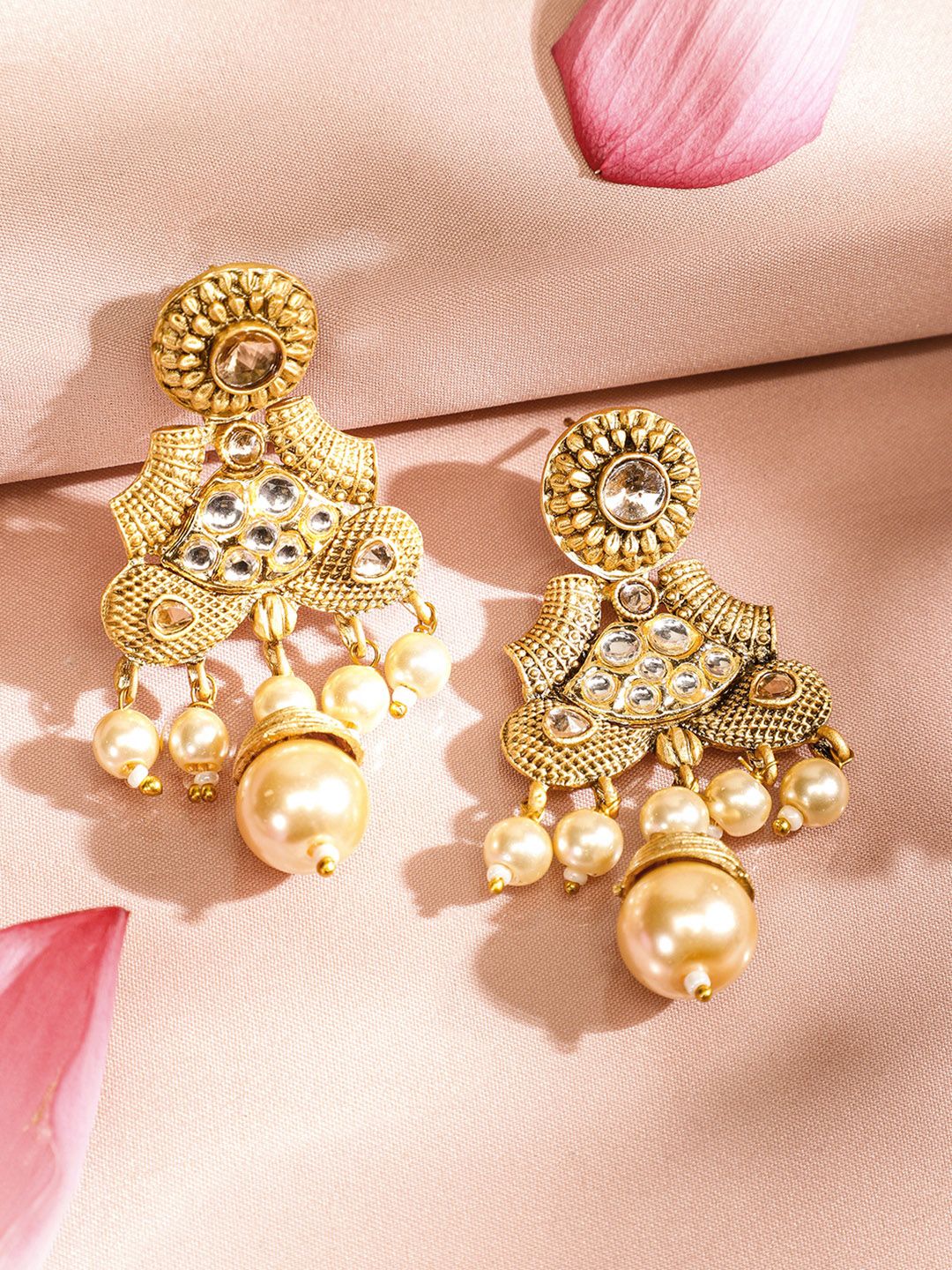 Dhiyona RJ Women's 22K Gold Plated White Kundan & Pearl Studded & Beaded Multi-Strand Necklace Set