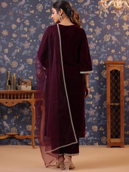 Dhiyona PD Women V-Neck Straight Velvet Kurta & Trousers With Dupatta