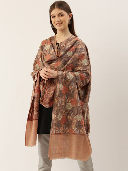 Dhiyona PA Women Beige & Grey Embroidered Woolen Shawl