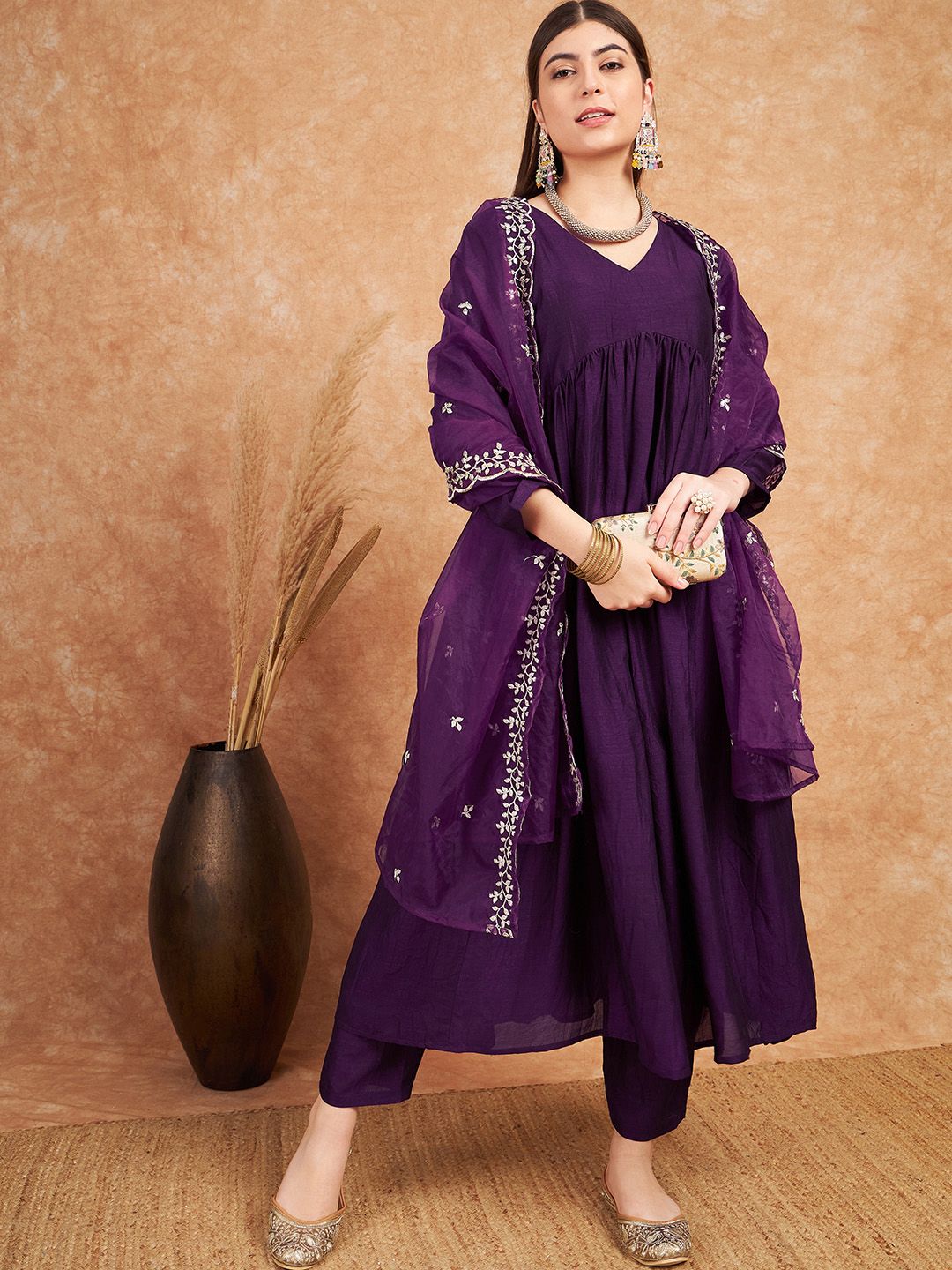 Dhiyona SN Women's Purple V- Neck Empire A-Line Kurta & Trousers With Dupatta