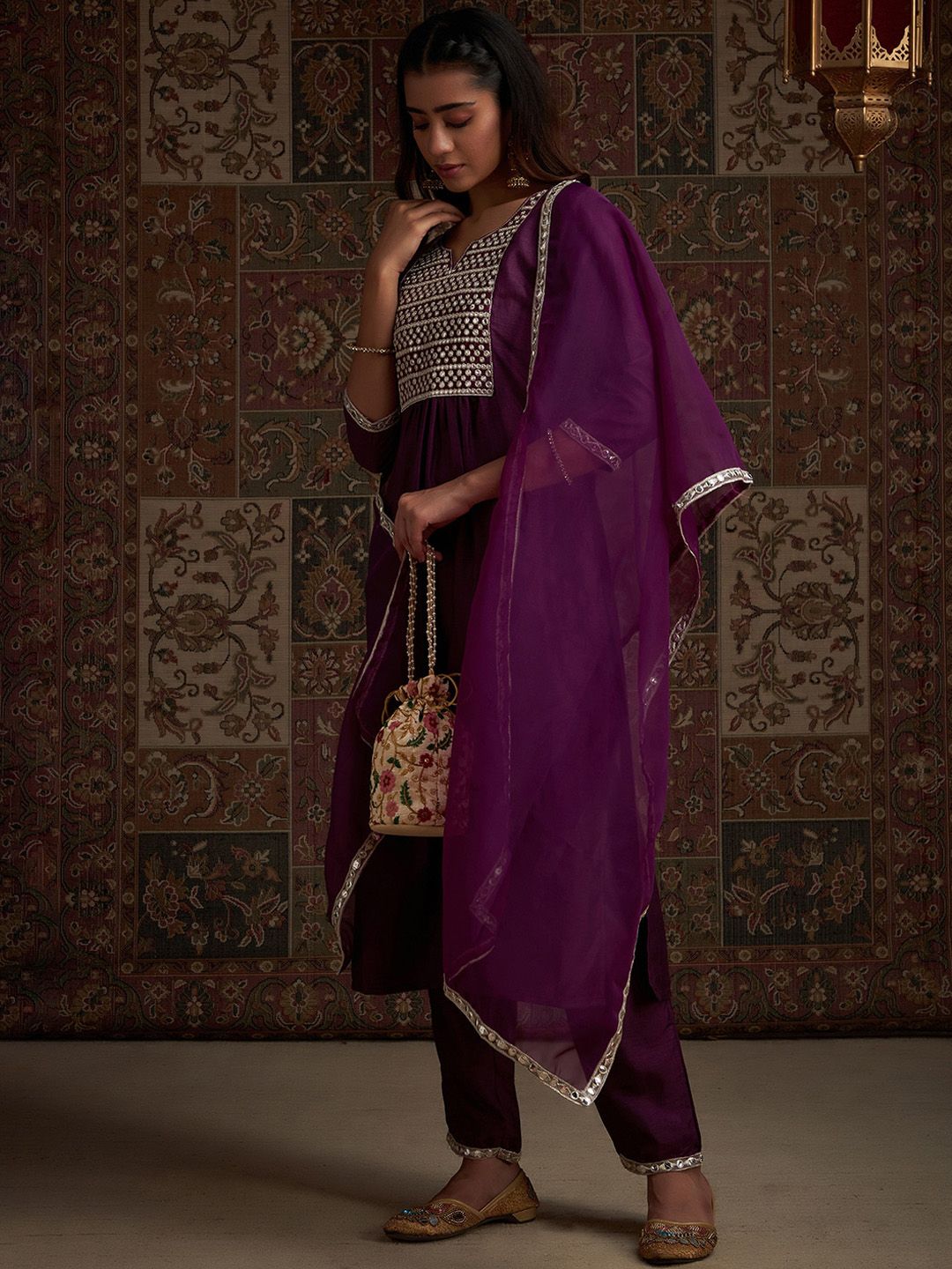 Yoke Design Embroidered Regular Kurta With Trousers & With Dupatta