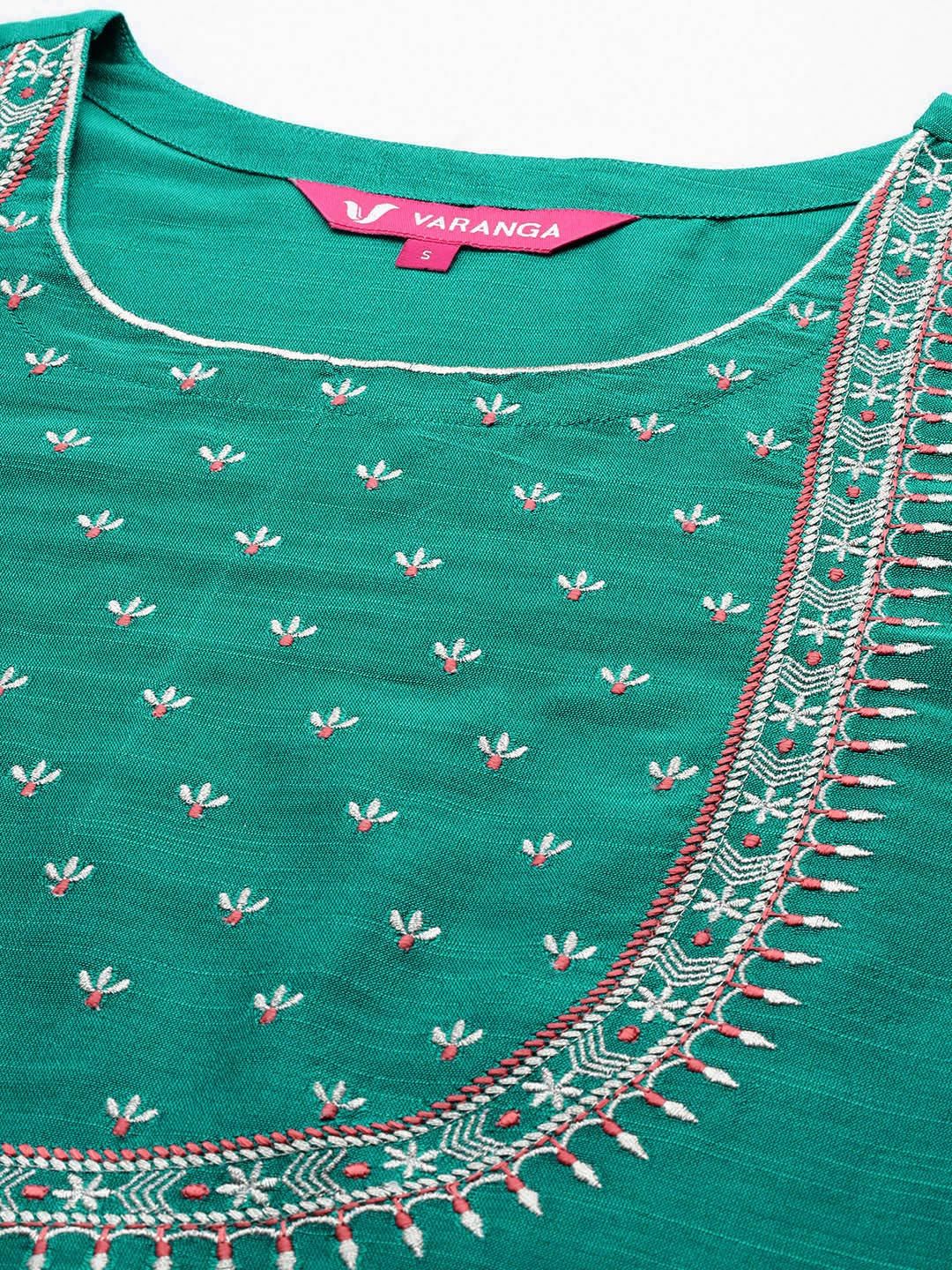 Dhiyona VA Women'sFloral Yoke Design Regular Thread Work Kurta with Trousers & With Dupatta