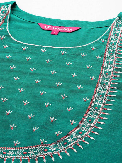 Dhiyona VA Women'sFloral Yoke Design Regular Thread Work Kurta with Trousers & With Dupatta