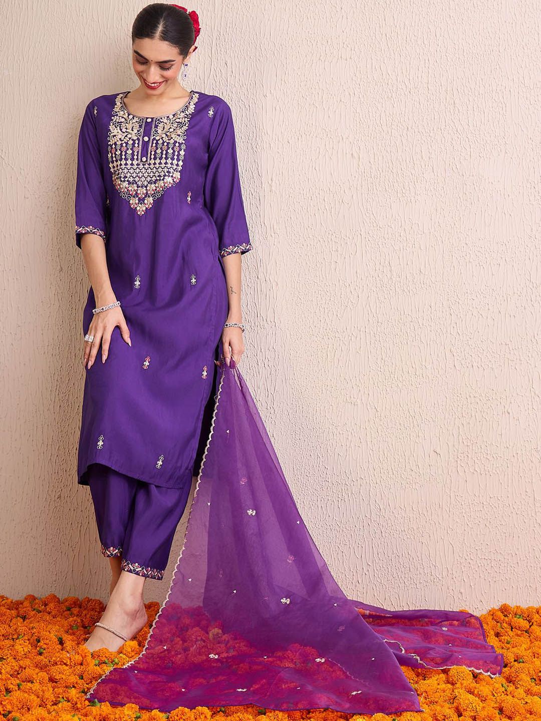 Women Ethnic Motifs Embroidered Regular Sequinned Kurta with Trousers & With Dupatta